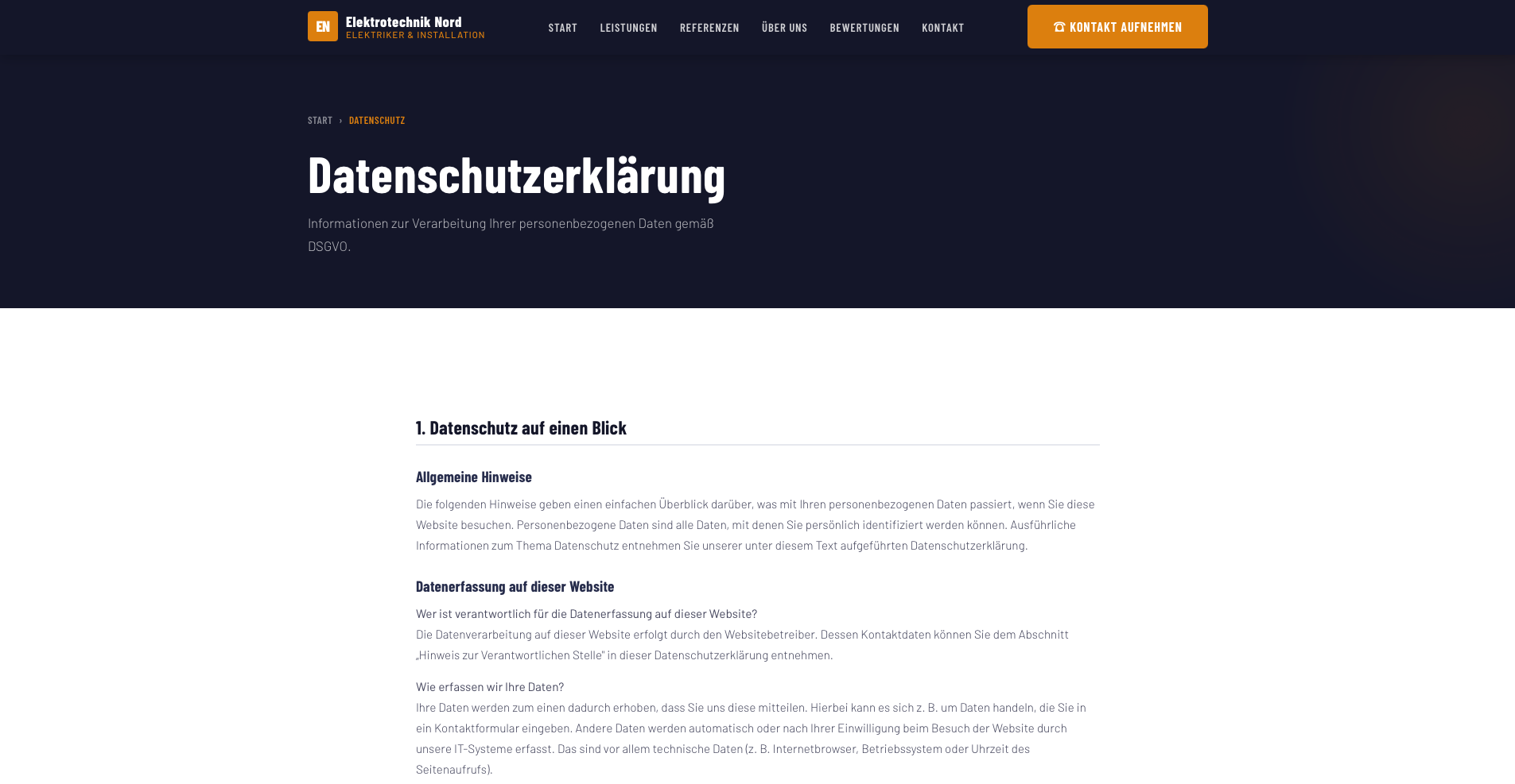 Datenschutzseite der Referenz Elektrotechnik Nord