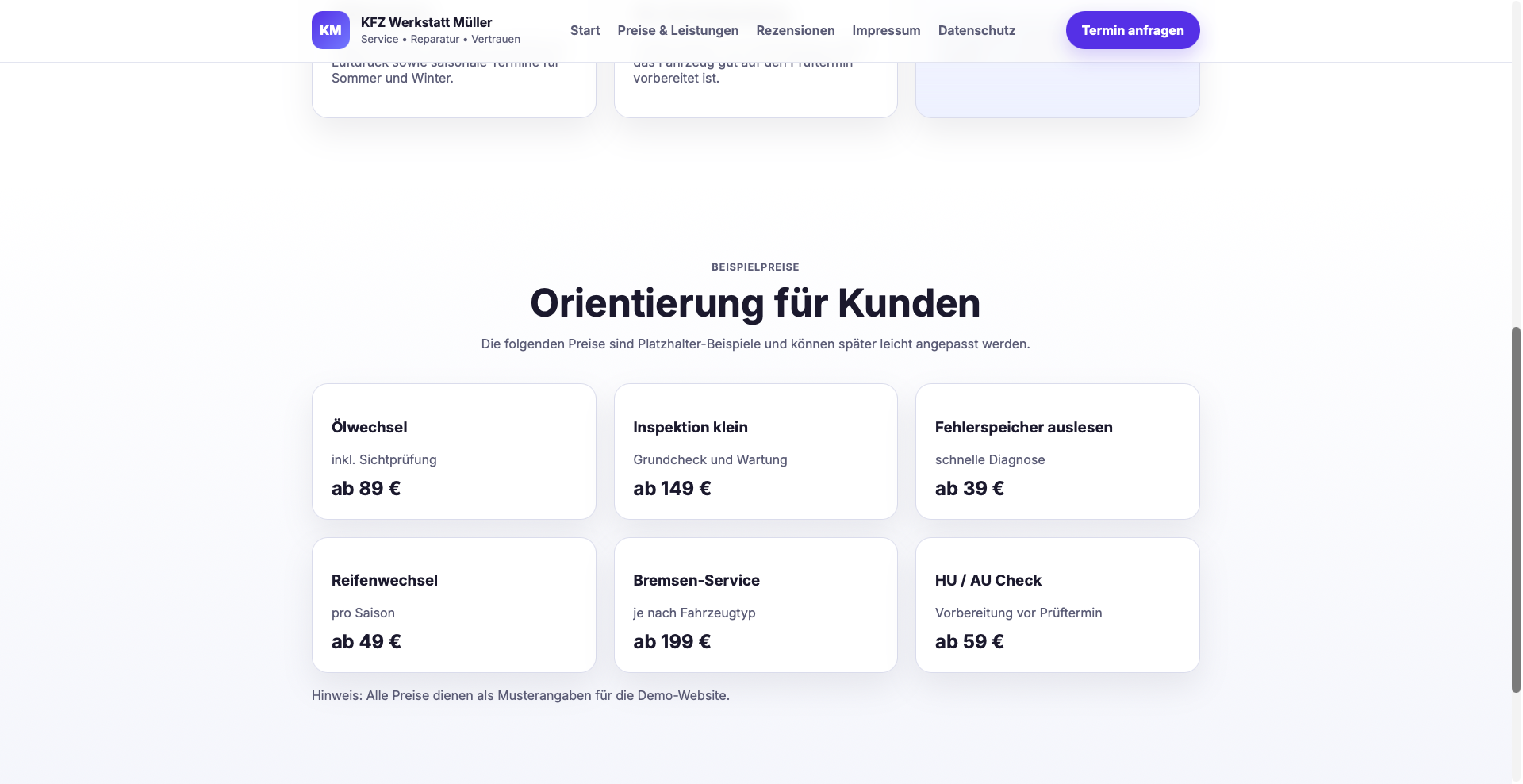 Preisübersicht der Referenz KFZ Werkstatt Müller