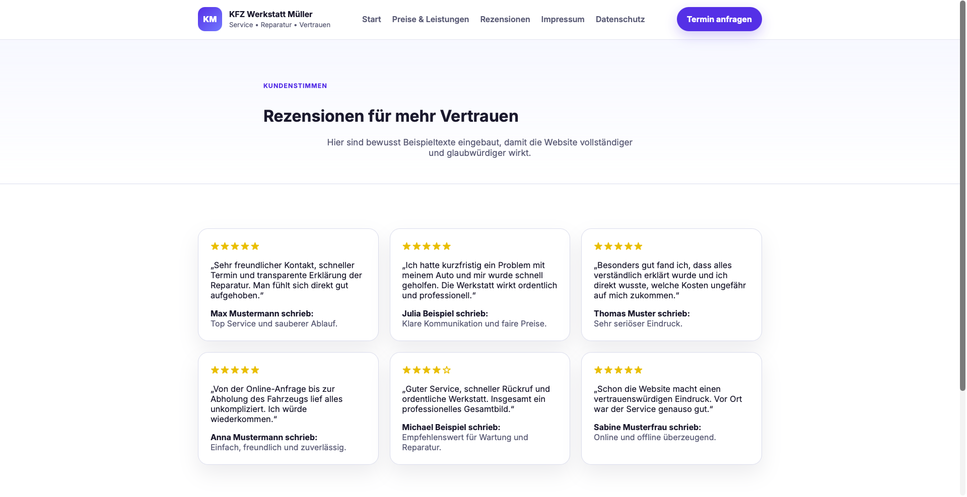 Rezensionsbereich der Referenz KFZ Werkstatt Müller