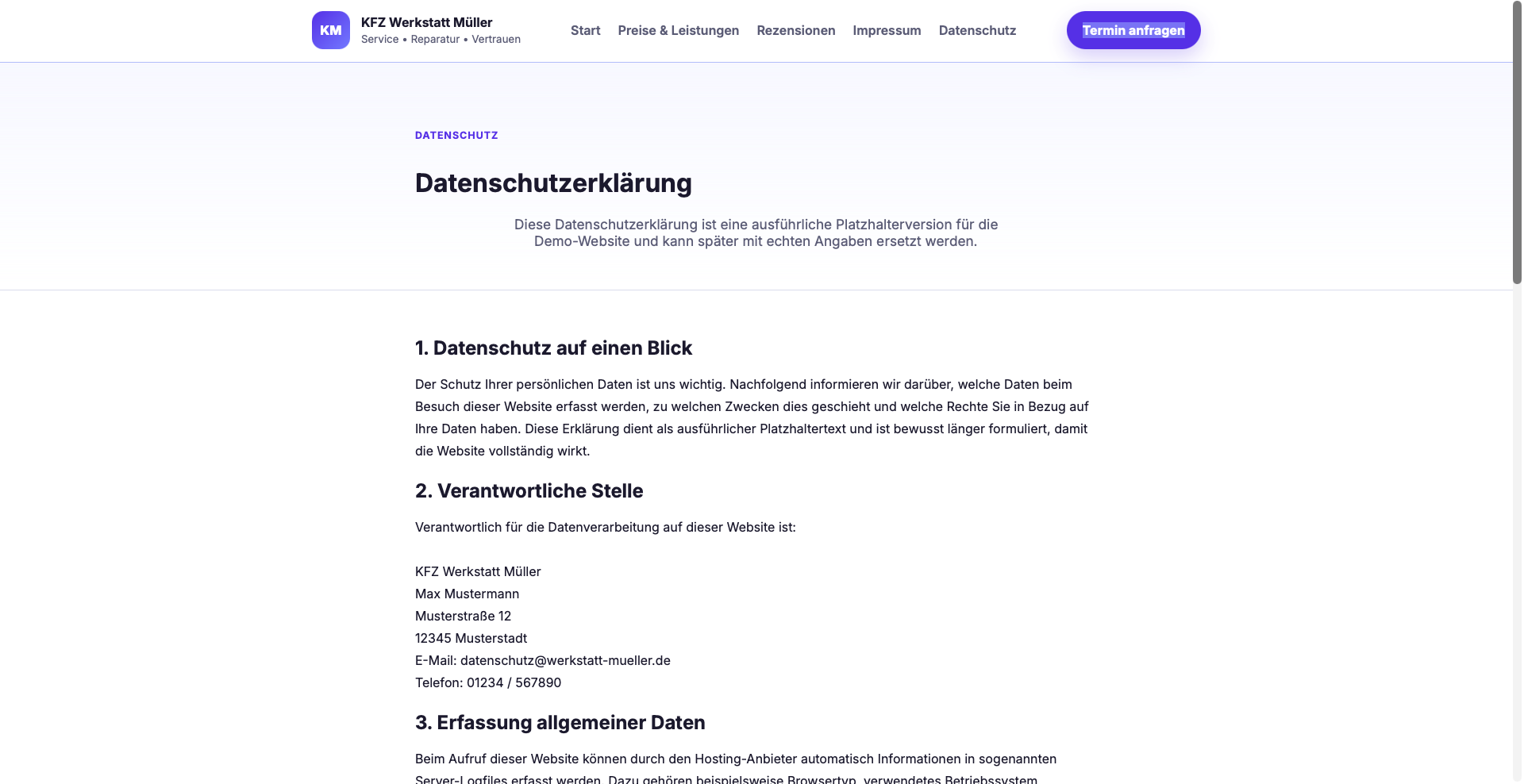 Datenschutzseite der Referenz KFZ Werkstatt Müller