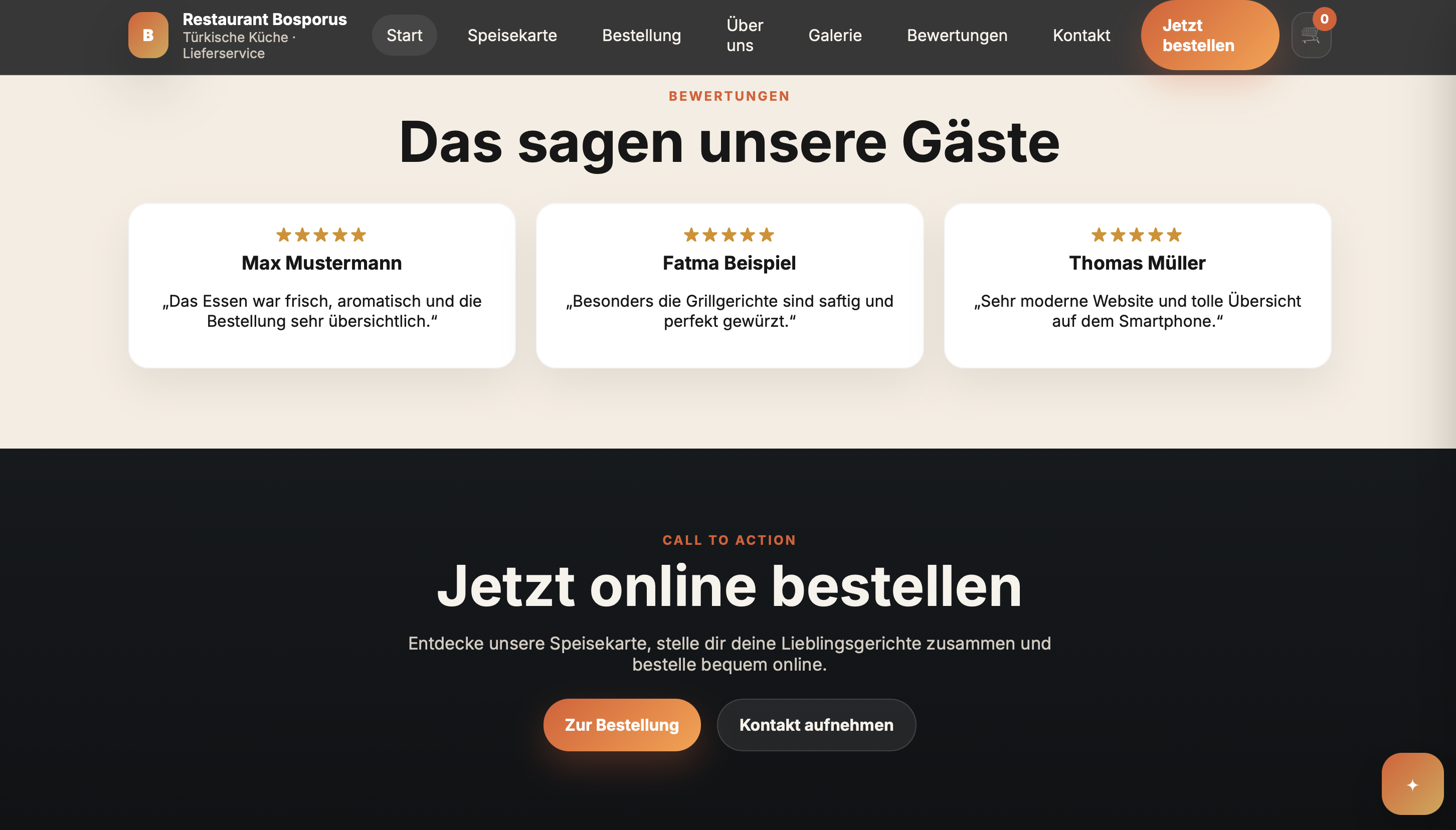 Bewertungen und Call-to-Action der Referenz Restaurant Bosporus
